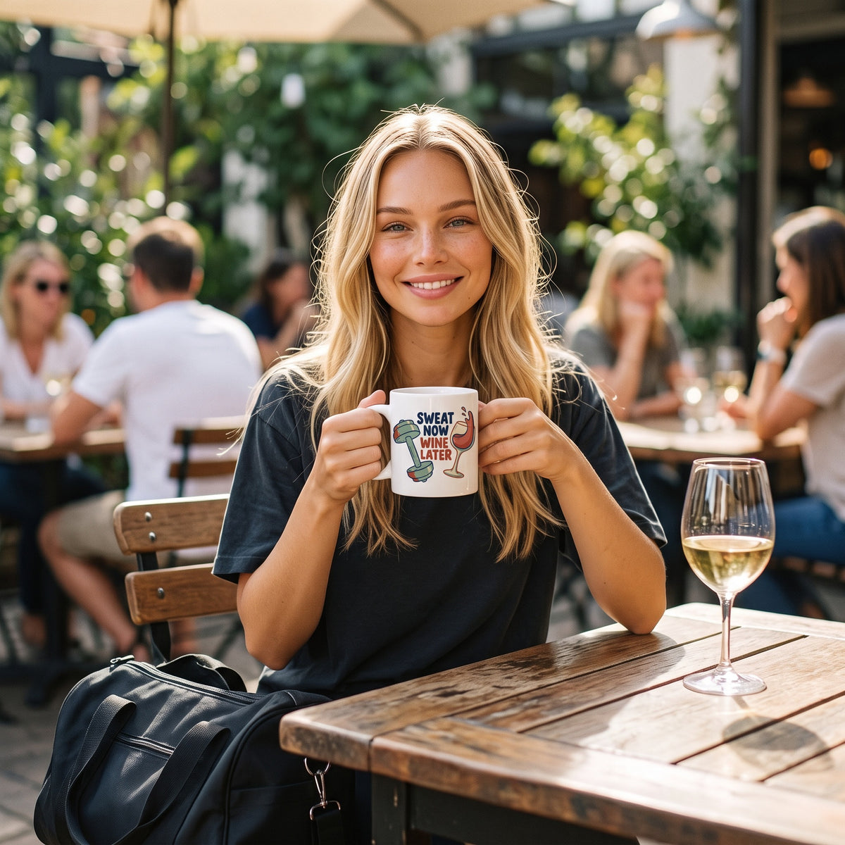 Sweat Now Wine Later 11oz ceramic mug, held by an approved model, wide lifestyle photograph