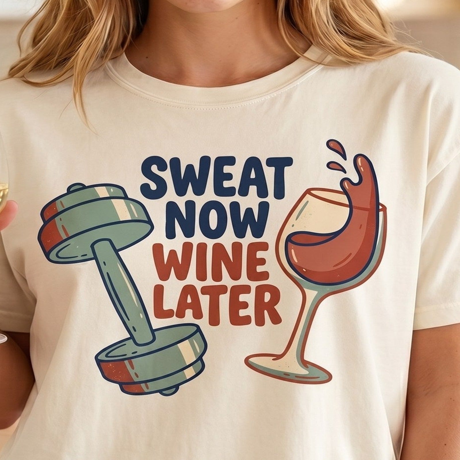 Close detail of the Sweat Now Wine Later print on Ivory Comfort Colors cotton showing matte ink and fabric texture