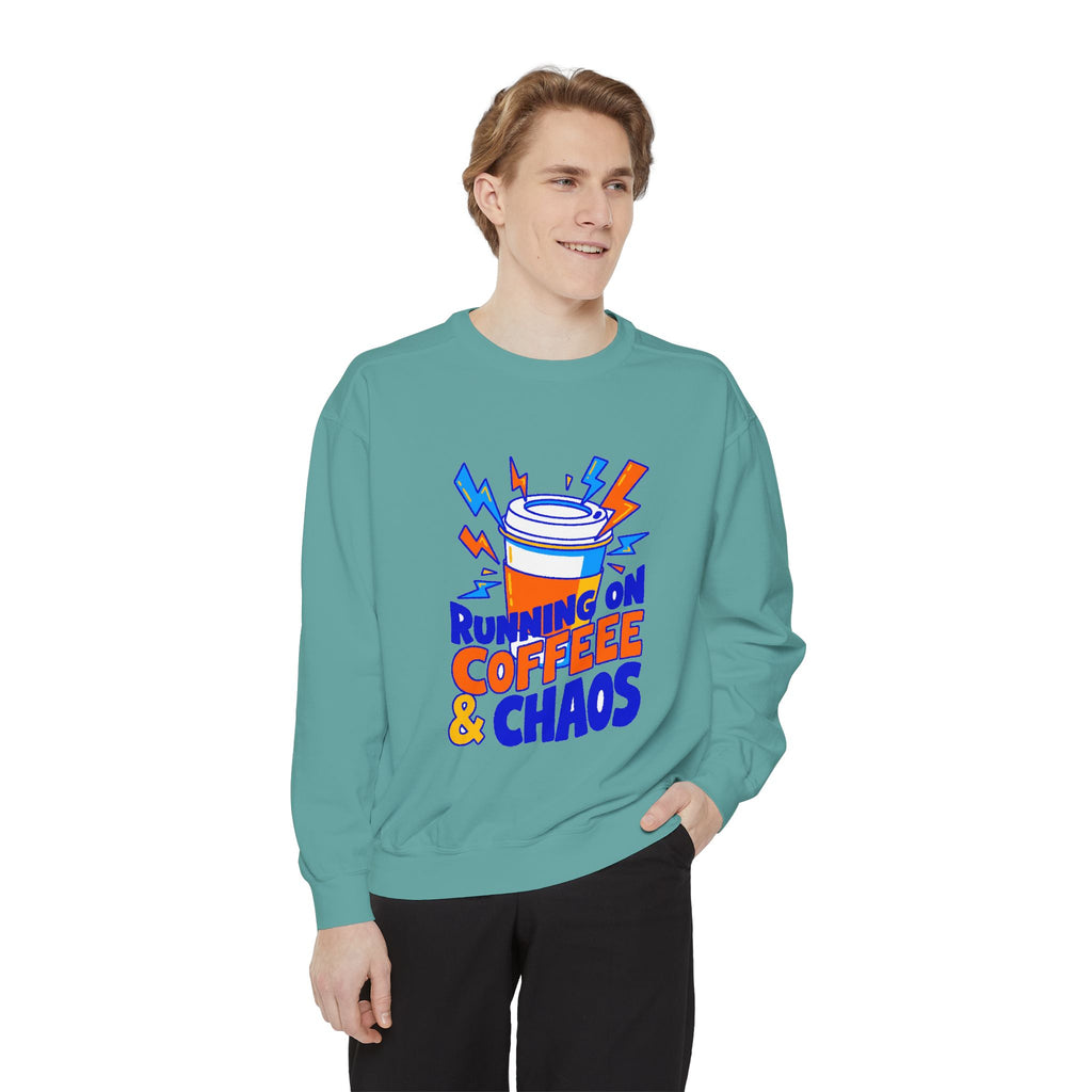 Funny Coffee Sweatshirt | Running on Coffee & Chaos