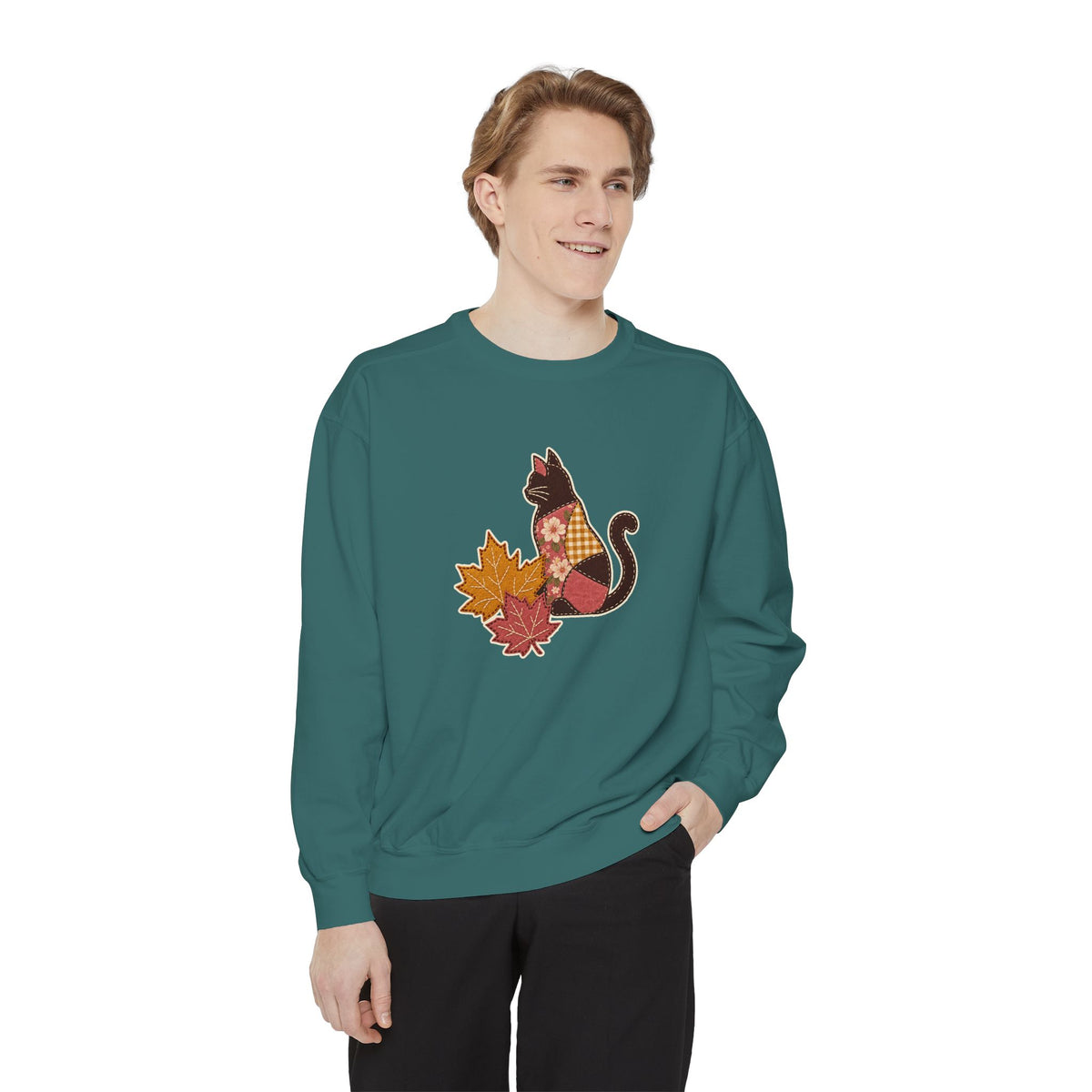 Black Cat Crewneck Sweatshirt | Patchwork Cat and Fall Leaves | Comfort Colors Garment Dyed
