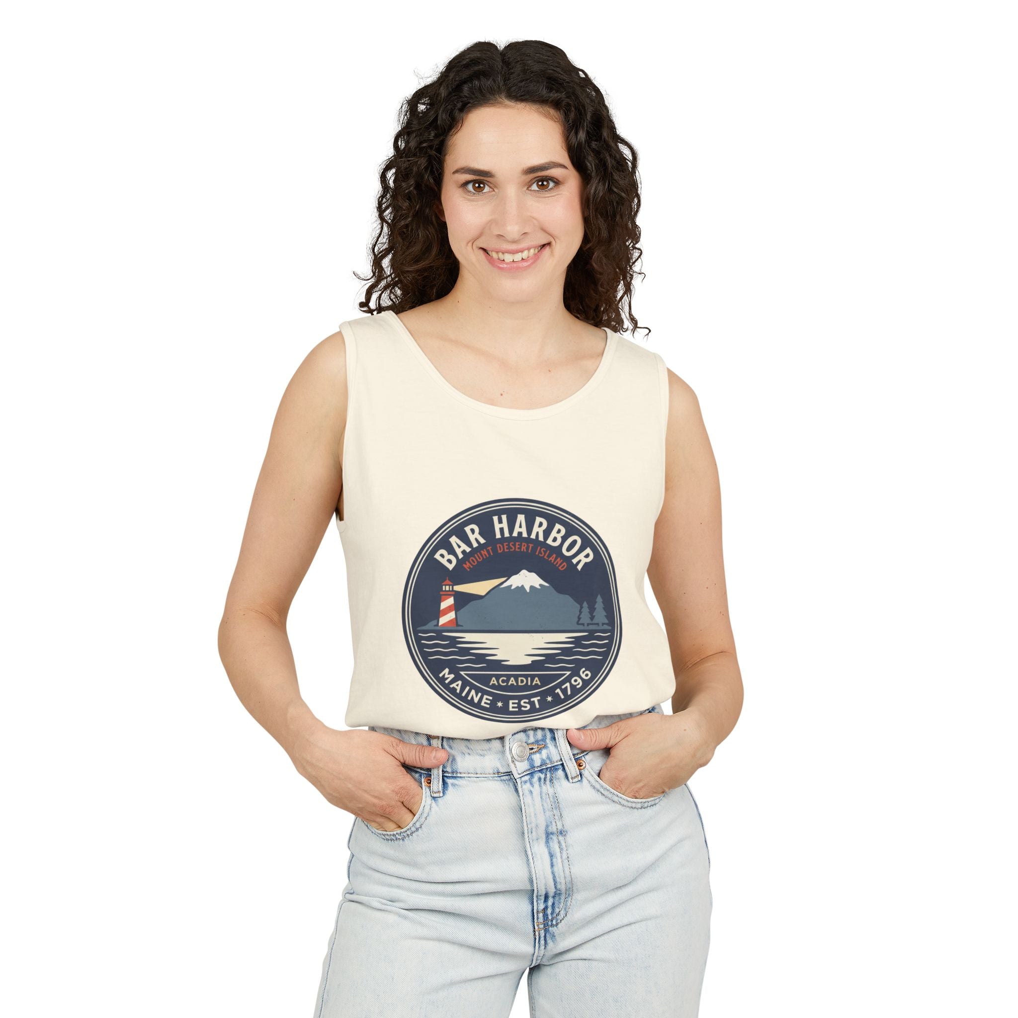 Bar Harbor Maine tank top, Acadia vintage badge with lighthouse, Cadillac Mountain and evergreens in a navy roundel, EST. 1796