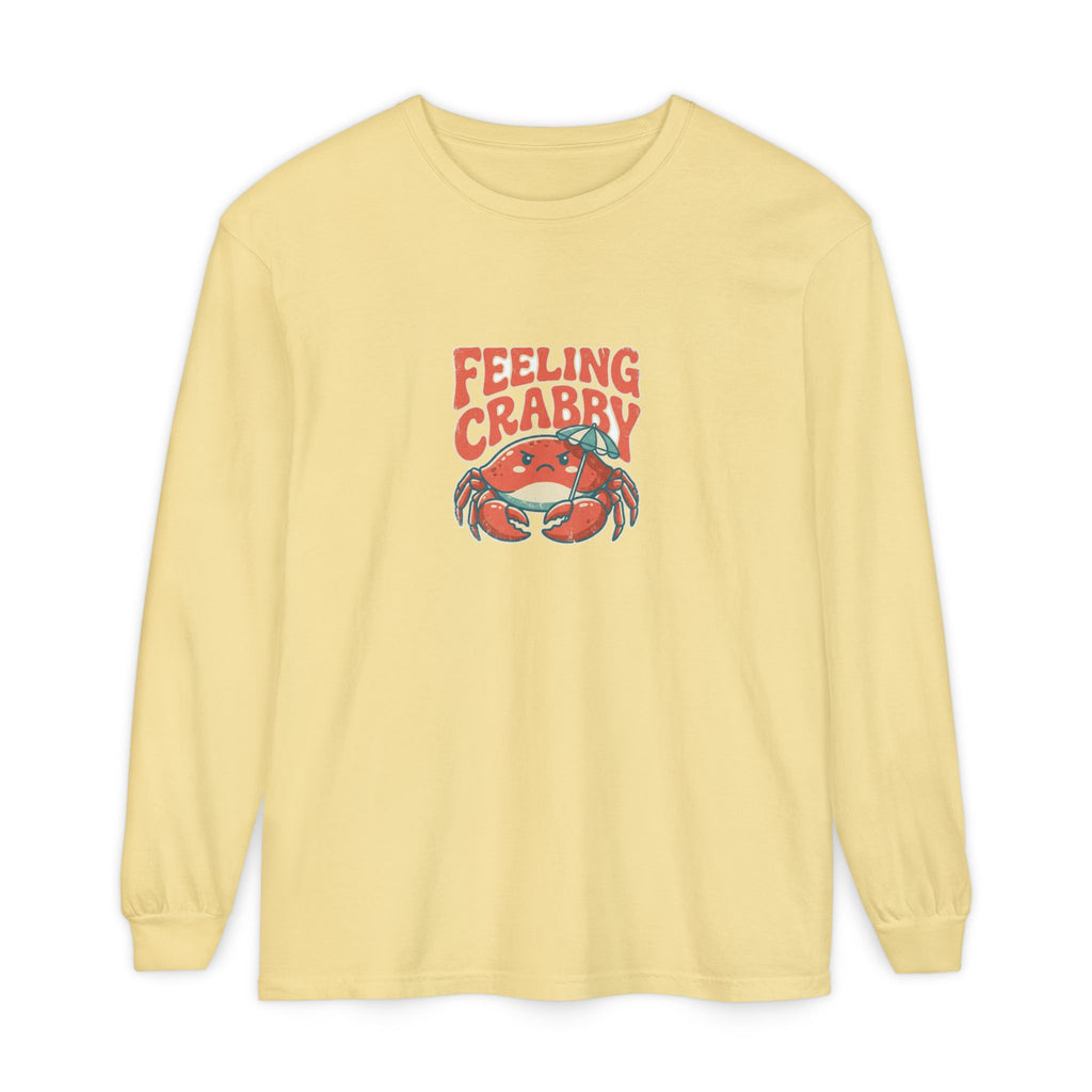 Feeling Crabby funny crab beach long sleeve tee on Comfort Colors garment dyed cotton, grumpy retro crab under a beach umbrella