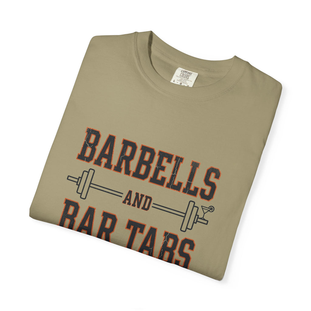 Barbells And Bar Tabs distressed collegiate design with a barbell and a cocktail glass on a garment dyed Comfort Colors tee