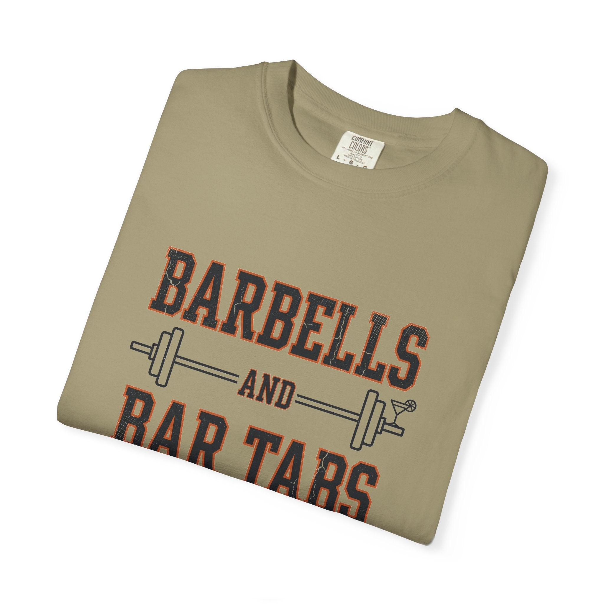 Barbells And Bar Tabs distressed collegiate design with a barbell and a cocktail glass on a garment dyed Comfort Colors tee