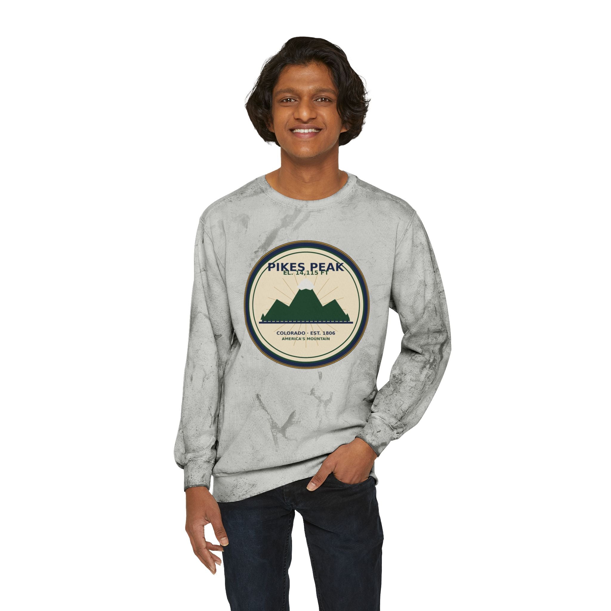Pikes Peak Crewneck Sweatshirt | Vintage Colorado Mountain Badge
