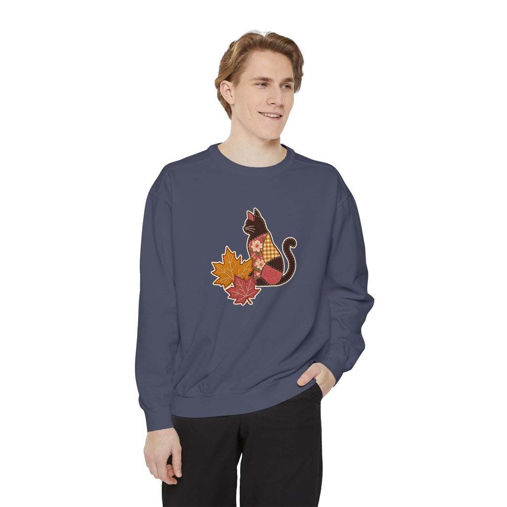 Black Cat Crewneck Sweatshirt | Patchwork Cat and Fall Leaves | Comfort Colors Garment Dyed