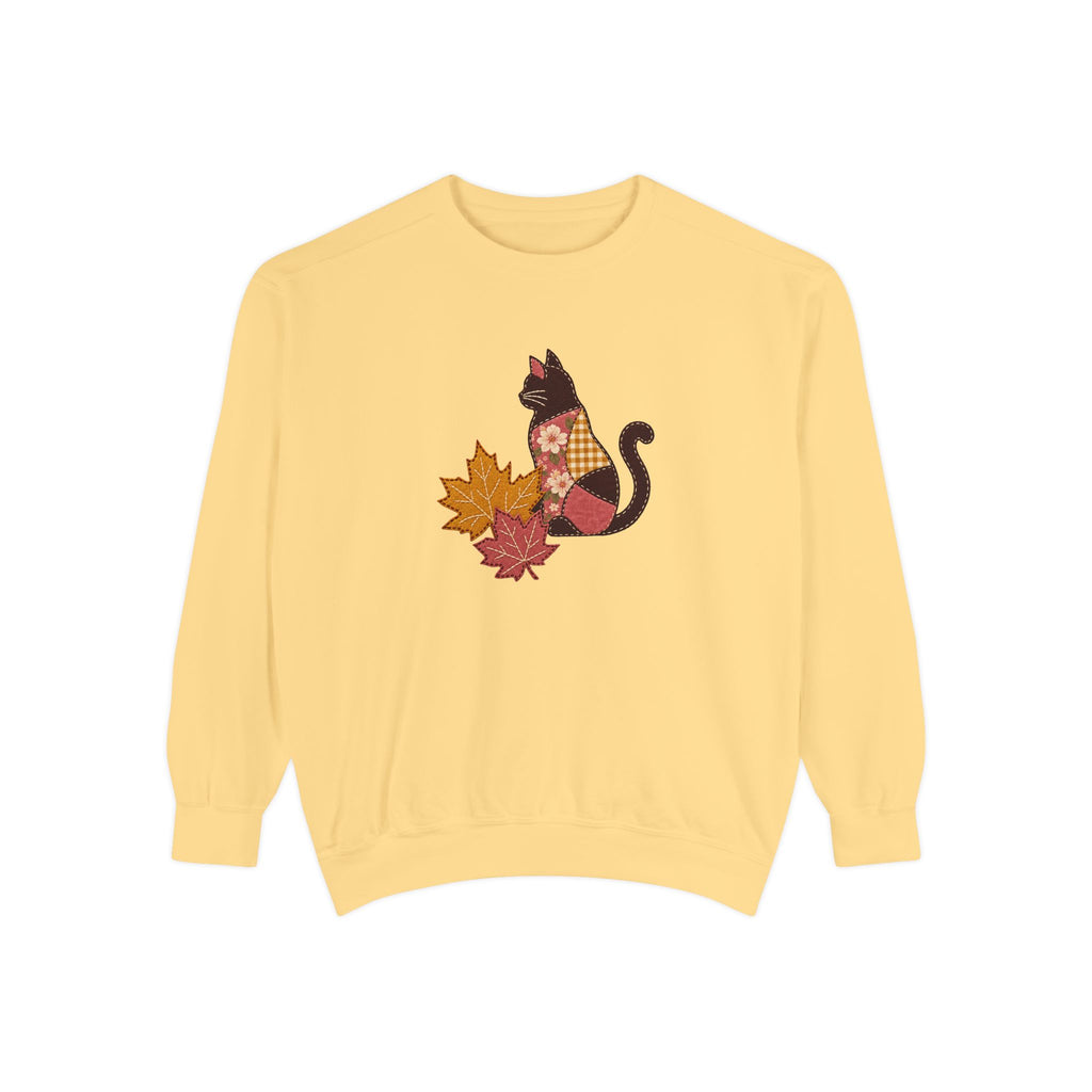 Black Cat Crewneck Sweatshirt | Patchwork Cat and Fall Leaves | Comfort Colors Garment Dyed