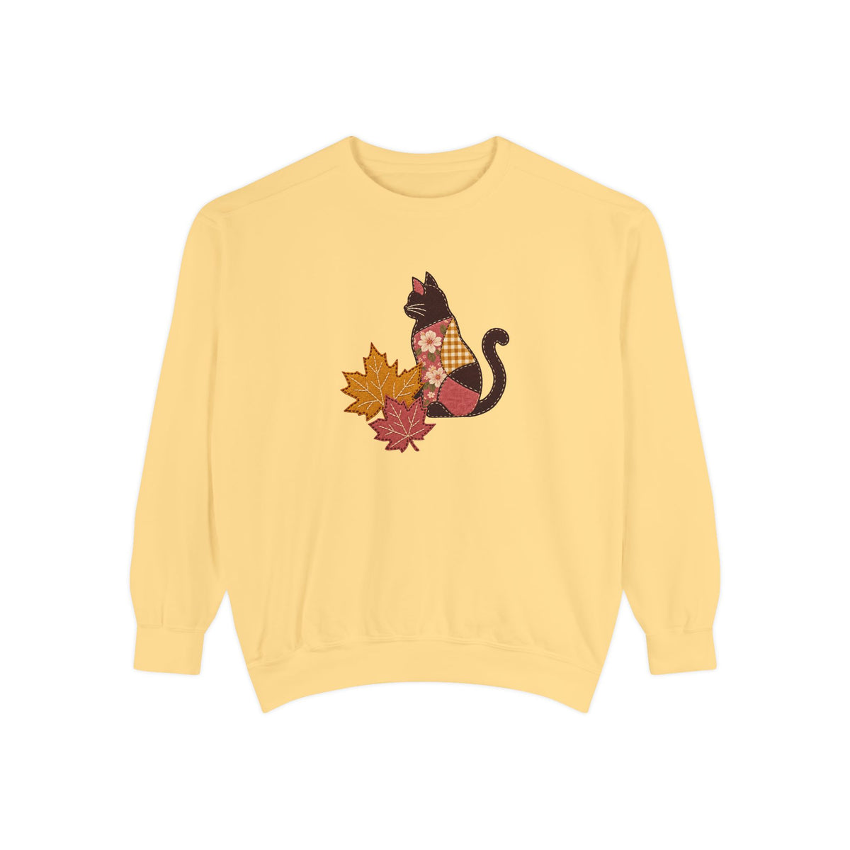 Black Cat Crewneck Sweatshirt | Patchwork Cat and Fall Leaves | Comfort Colors Garment Dyed