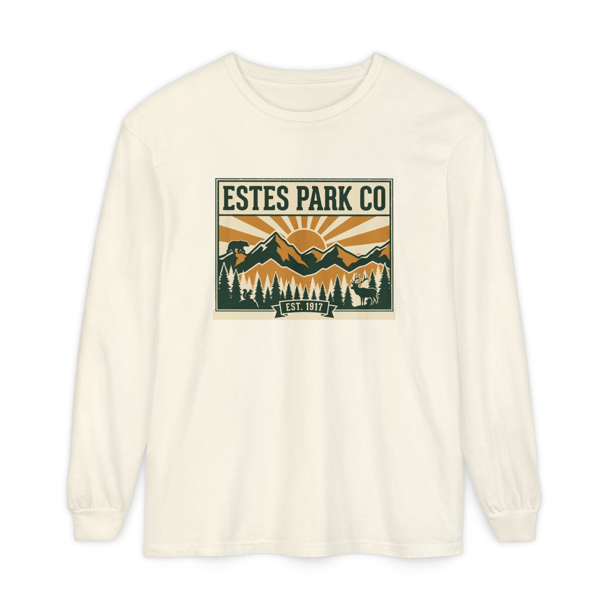 Estes Park CO Hidden Wildlife Long Sleeve Tee | Forest Green EST. 1917 | Comfort Colors
