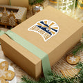 Faith Over Fear sticker on a kraft gift box tied with a sage green ribbon, styled with gingerbread cookies, pine sprigs and fairy lights
