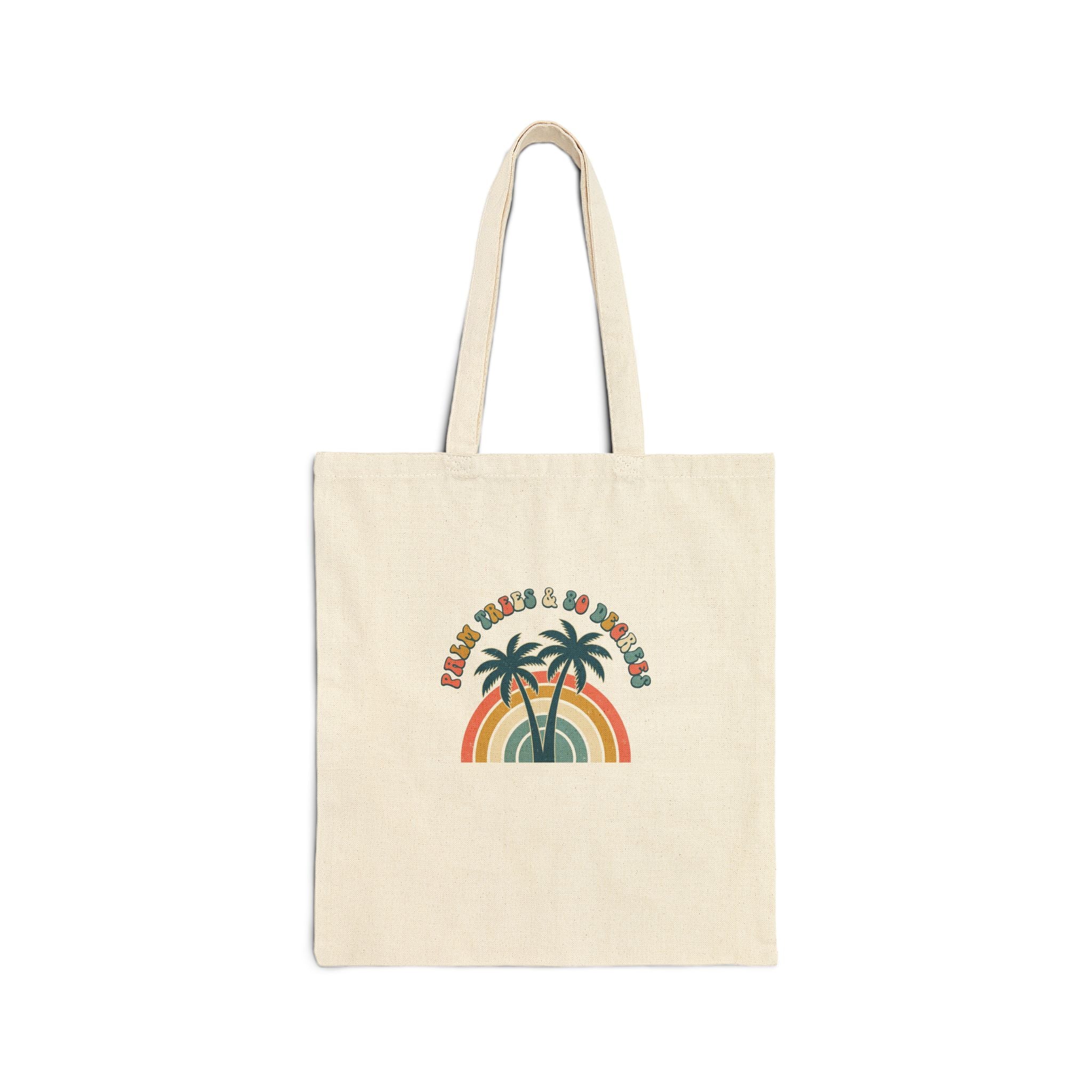 Palm Trees & 80 Degrees Canvas Tote Bag | Retro Rainbow Beach Tote