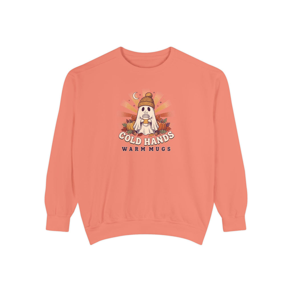 Cozy Ghost Crewneck Sweatshirt | Cold Hands Warm Mugs Fall Coffee Art | Comfort Colors Garment Dyed