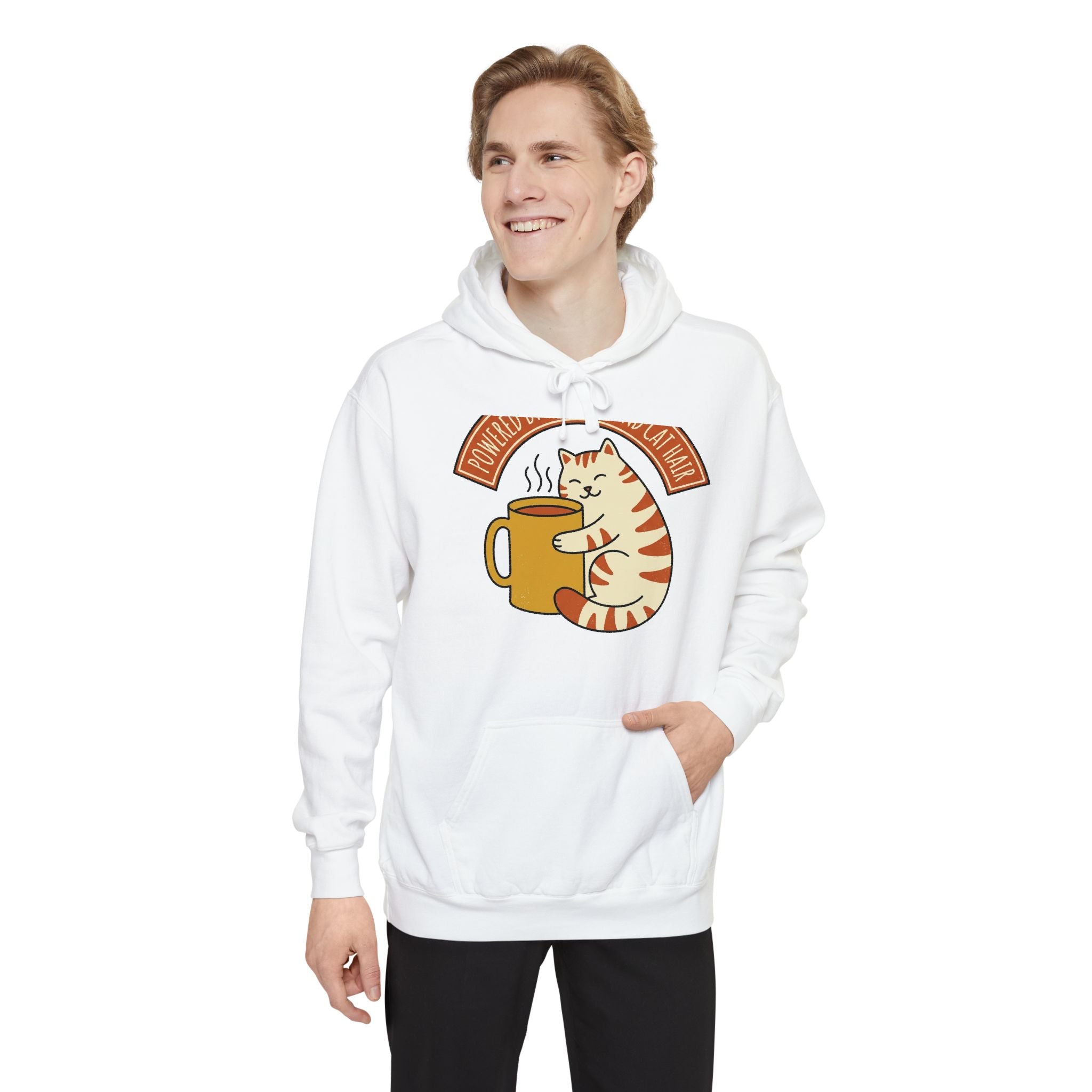 Cat Coffee Hoodie back view | Comfort Colors | cat coffee graphic hoodie — Blue Jean