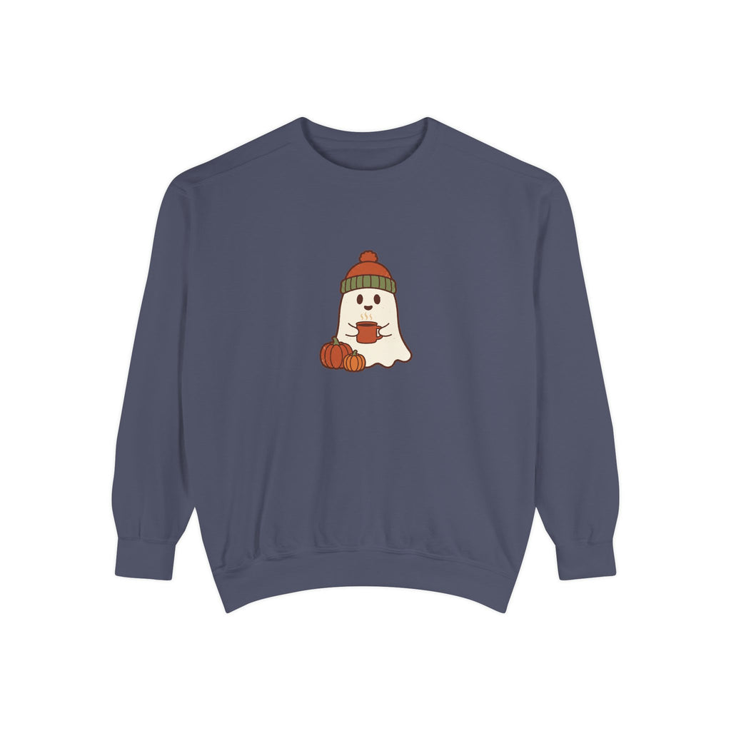 Retro Ghost Crewneck Sweatshirt | Ghost in a Knitted Beanie Cocoa Art | Comfort Colors Garment Dyed