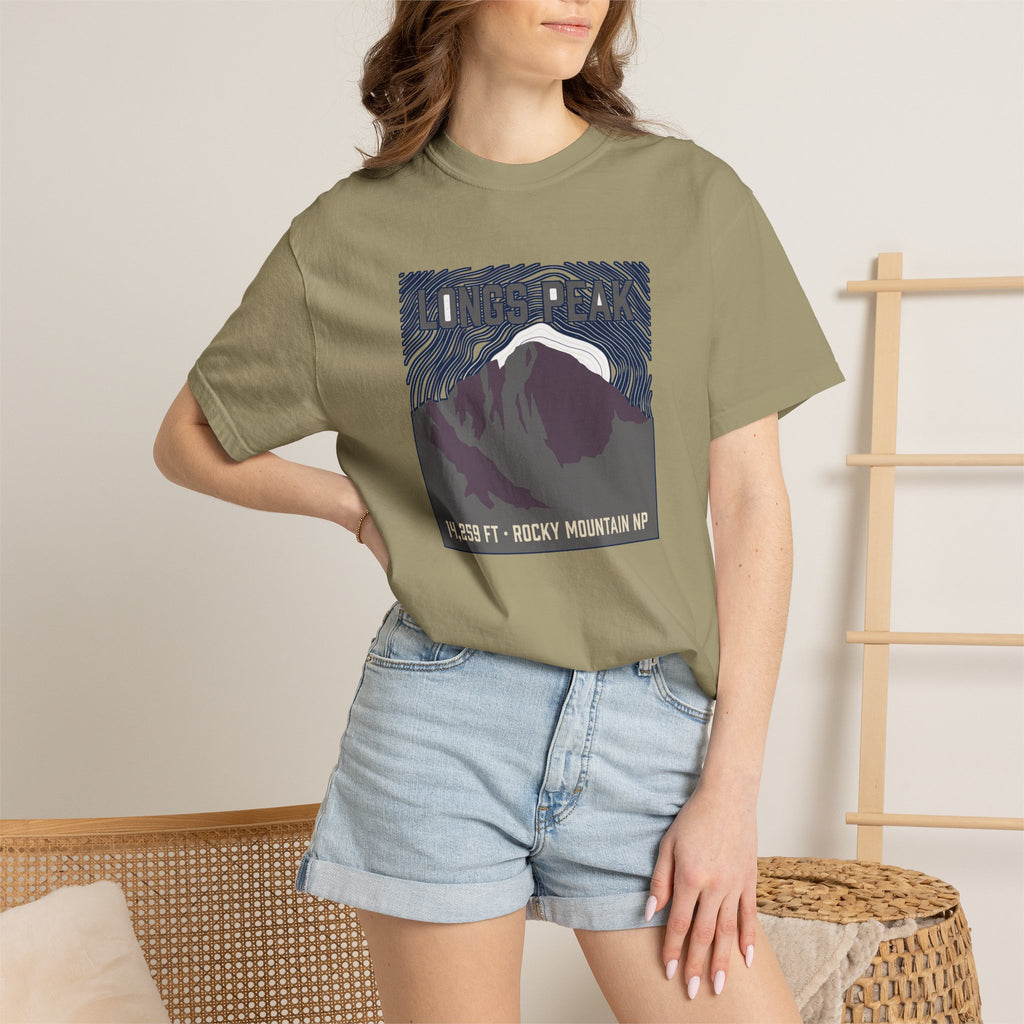 Longs Peak Colorado tee, 14,259 ft summit silhouette with Rocky Mountain National Park topographic graphic, alternate product view