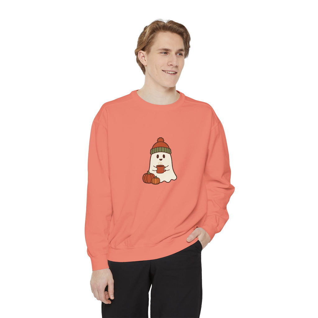 Retro Ghost Crewneck Sweatshirt | Ghost in a Knitted Beanie Cocoa Art | Comfort Colors Garment Dyed