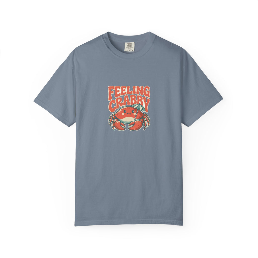 Funny Feeling Crabby crab tee on garment dyed Comfort Colors cotton, vintage beach umbrella design