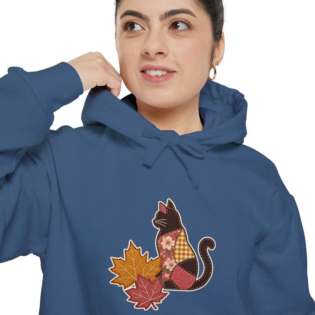 Black Cat Hoodie | Patchwork Cat and Fall Leaves | Comfort Colors Garment Dyed