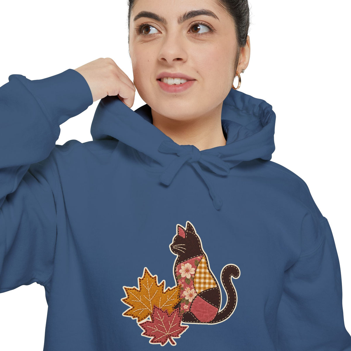 Black Cat Hoodie | Patchwork Cat and Fall Leaves | Comfort Colors Garment Dyed
