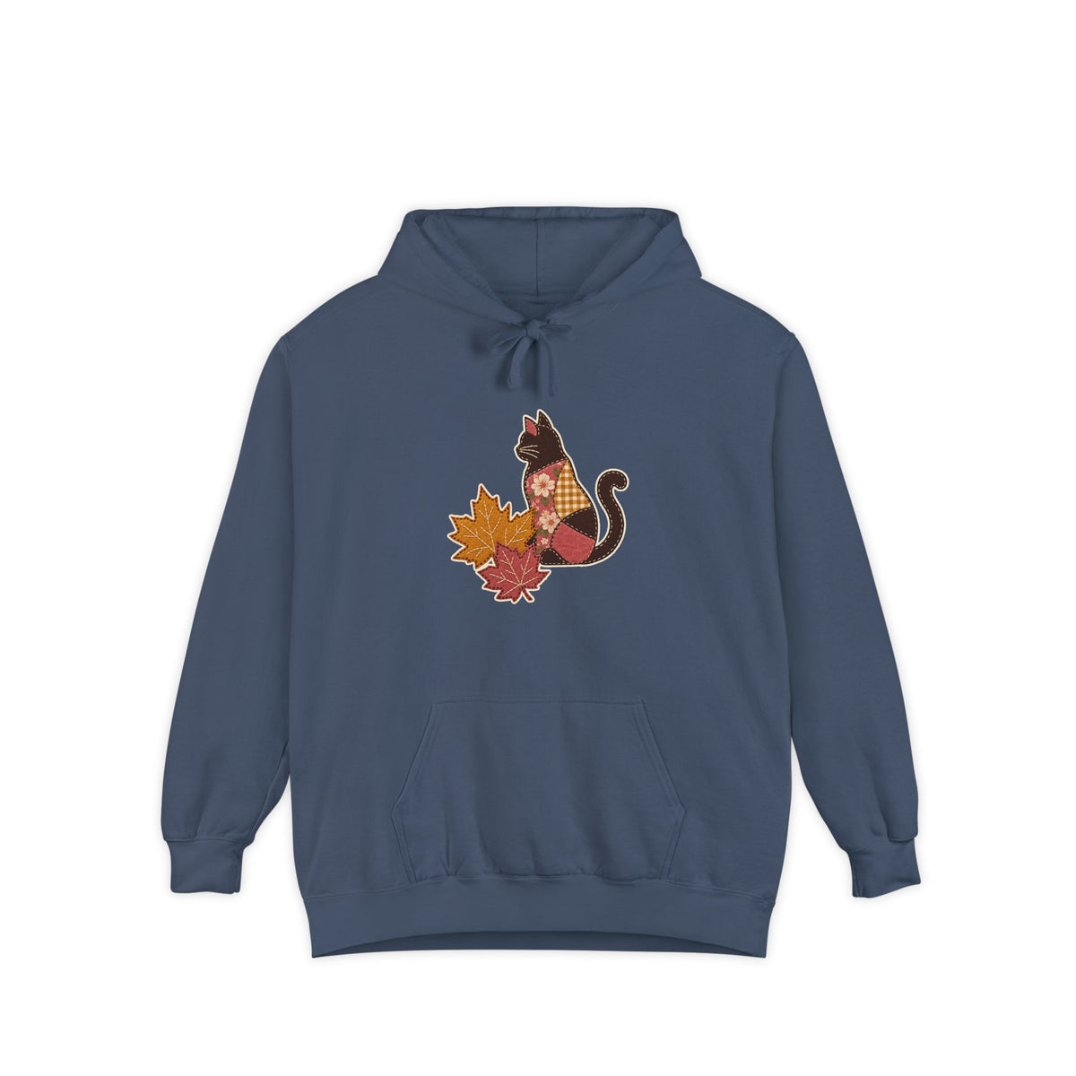 Black Cat Hoodie | Patchwork Cat and Fall Leaves | Comfort Colors Garment Dyed