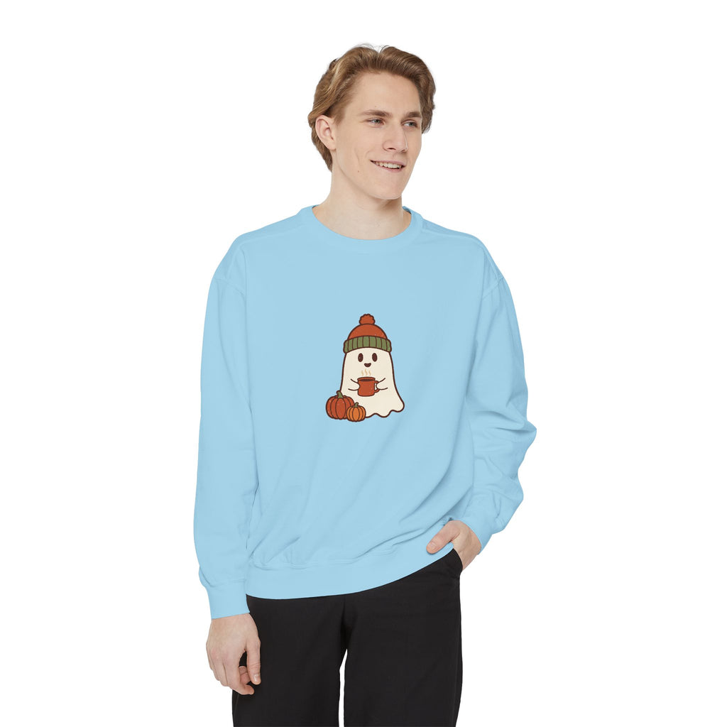 Retro Ghost Crewneck Sweatshirt | Ghost in a Knitted Beanie Cocoa Art | Comfort Colors Garment Dyed