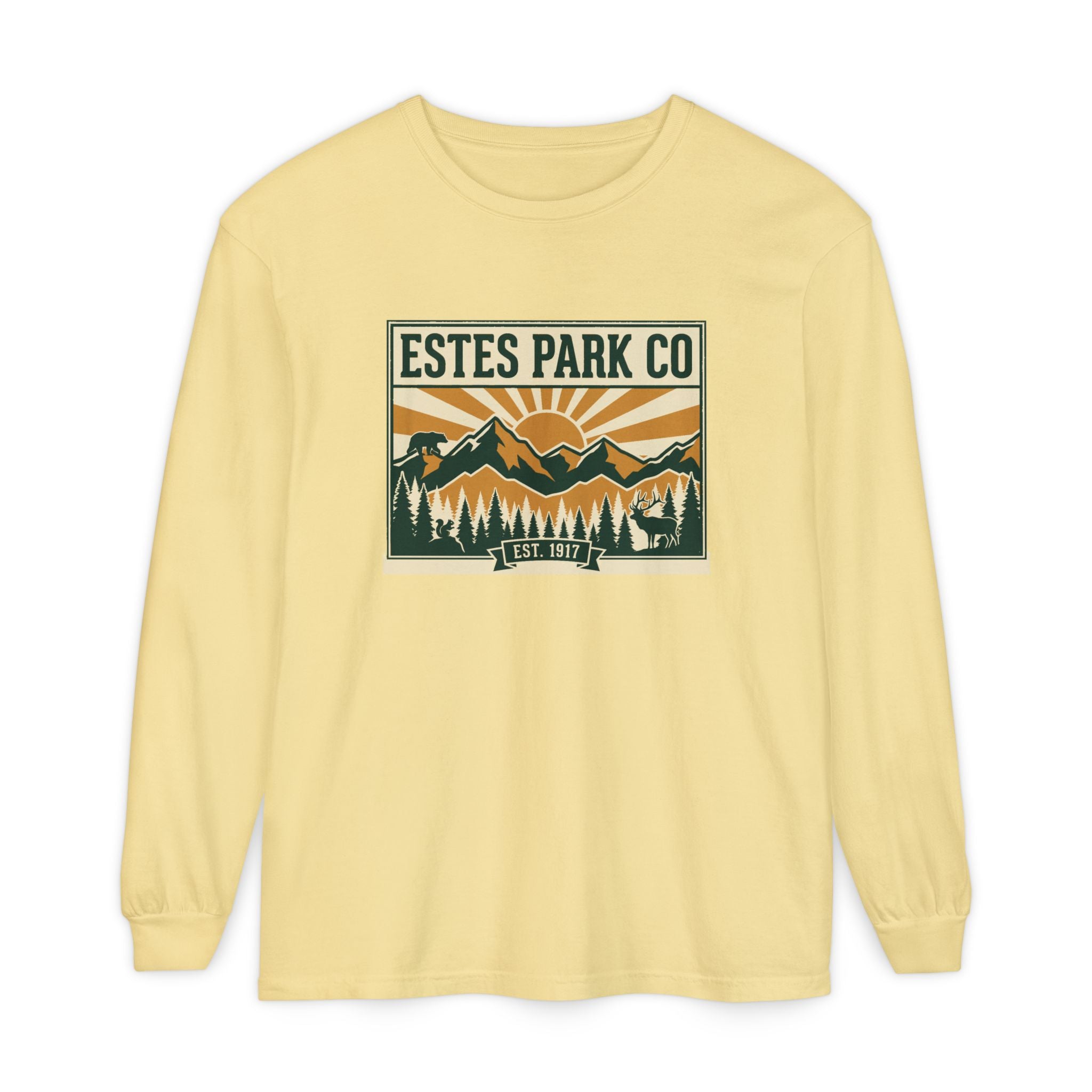 Estes Park CO Hidden Wildlife Long Sleeve Tee | Forest Green EST. 1917 | Comfort Colors