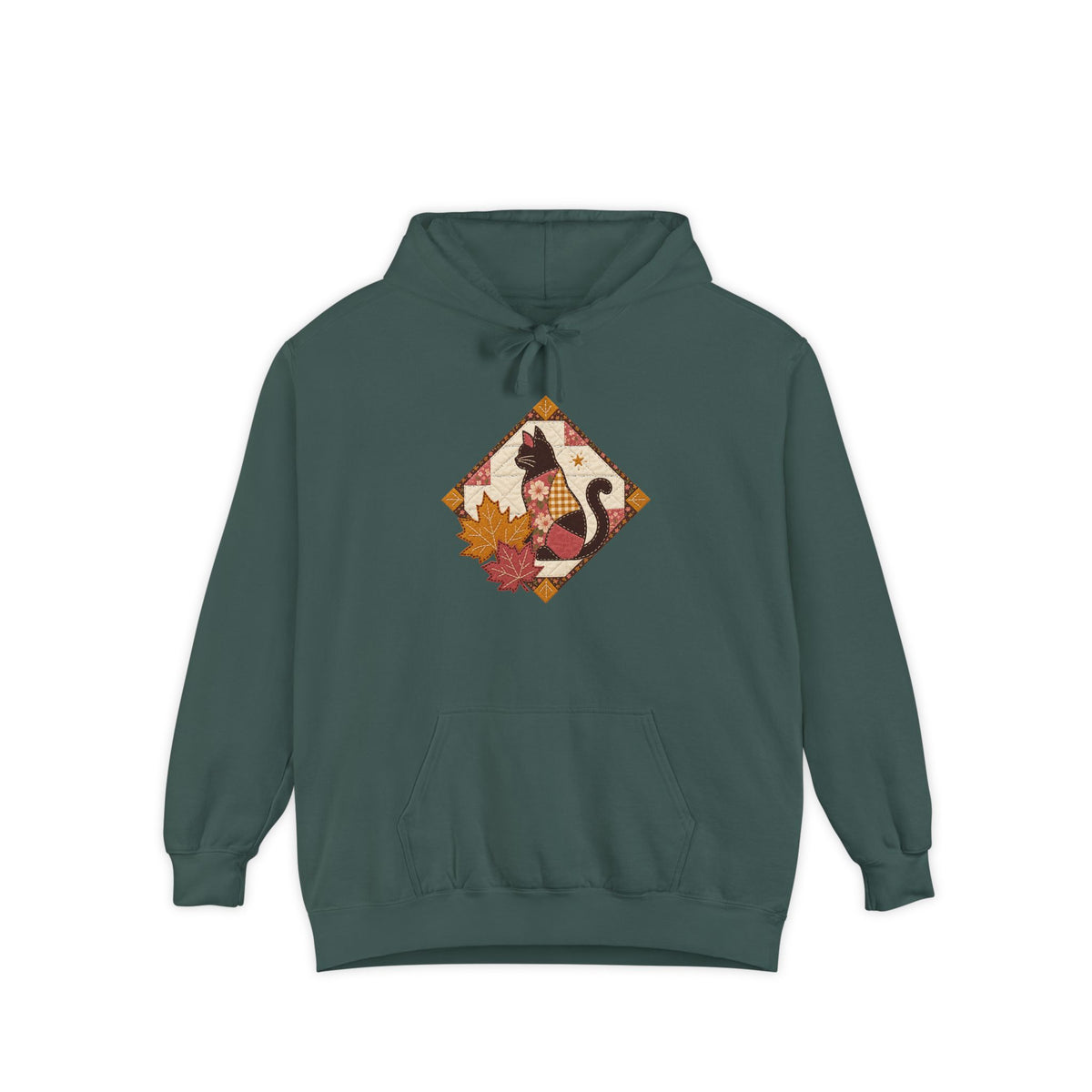 Black Cat Hoodie | Vintage Patchwork Quilt Fall Art | Comfort Colors Garment Dyed