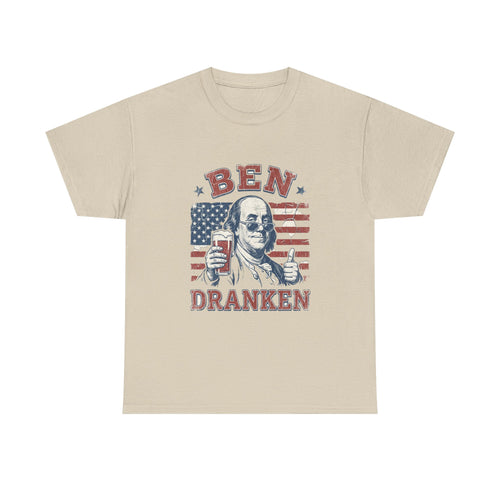 Sand cotton tee with the funny BEN DRANKEN Ben Franklin beer pun design