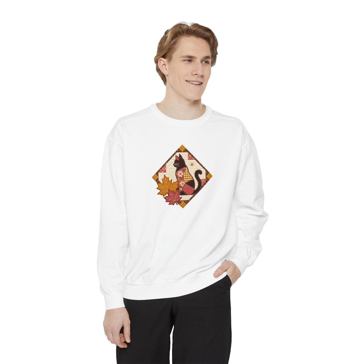 Black Cat Crewneck Sweatshirt | Vintage Patchwork Quilt Fall Art | Comfort Colors Garment Dyed
