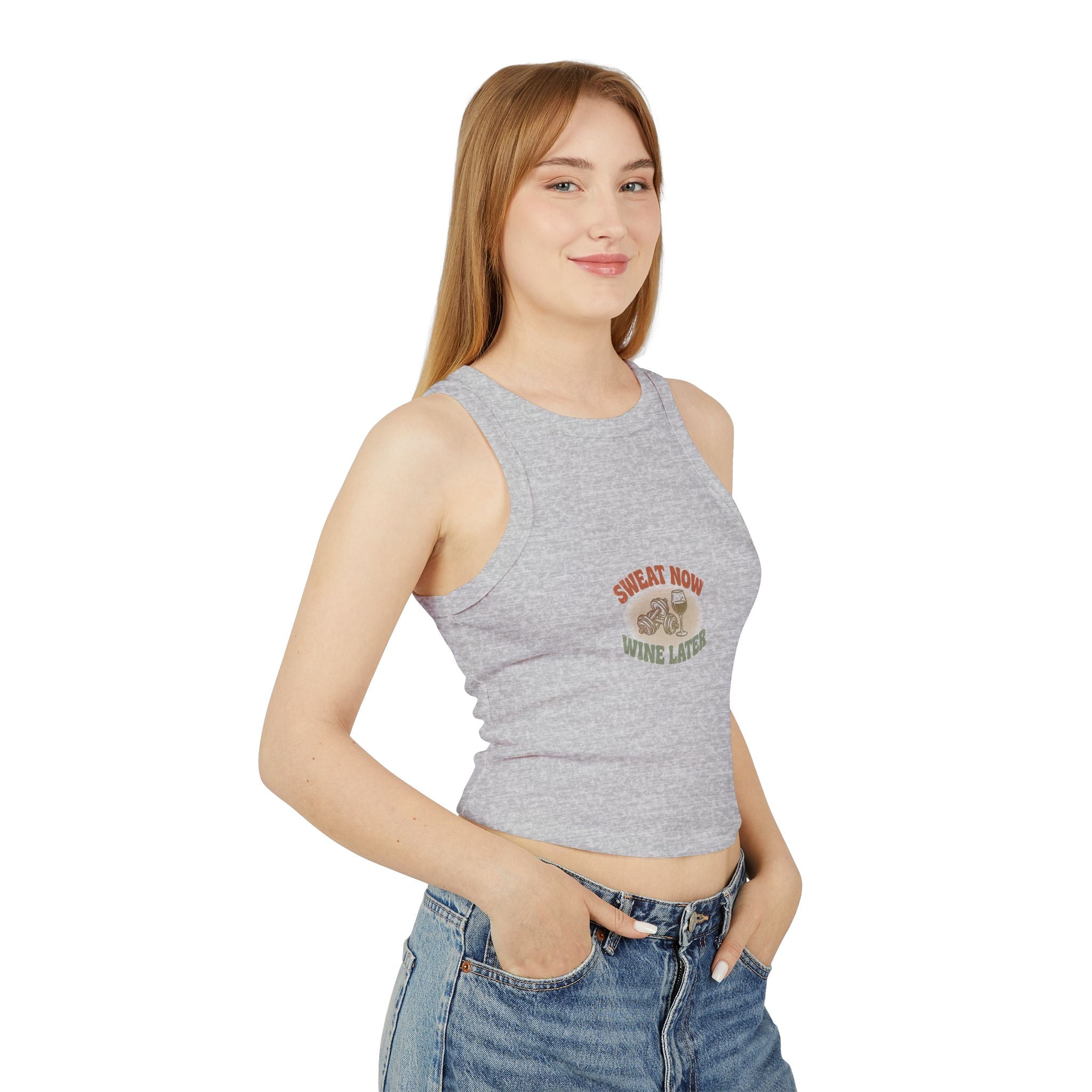 Sweat Now Wine Later Racerback Tank — Women's Micro-Rib Gym & Wine Tank