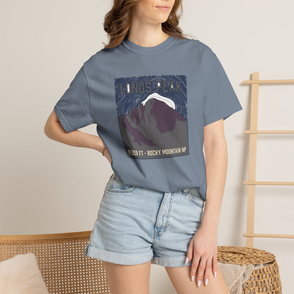 Longs Peak Colorado tee, 14,259 ft summit silhouette with Rocky Mountain National Park topographic graphic, alternate product view