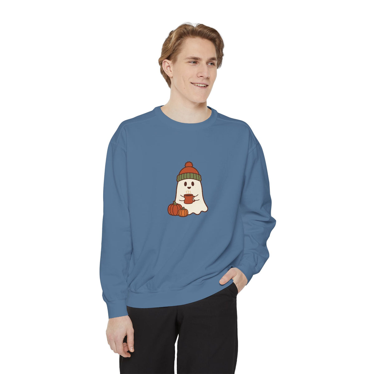 Retro Ghost Crewneck Sweatshirt | Ghost in a Knitted Beanie Cocoa Art | Comfort Colors Garment Dyed