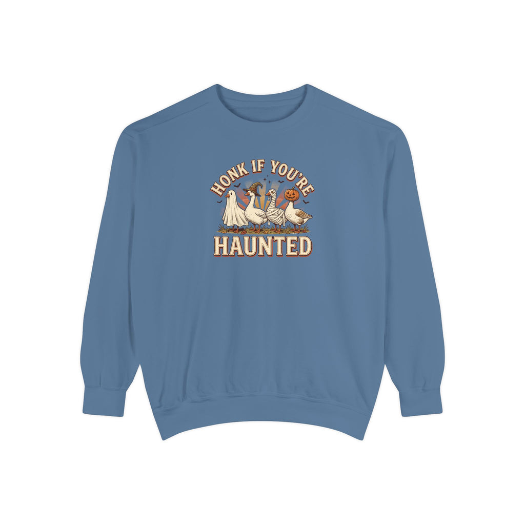 Funny Halloween Crewneck Sweatshirt | Honk If You're Haunted Goose Art | Comfort Colors Garment Dyed