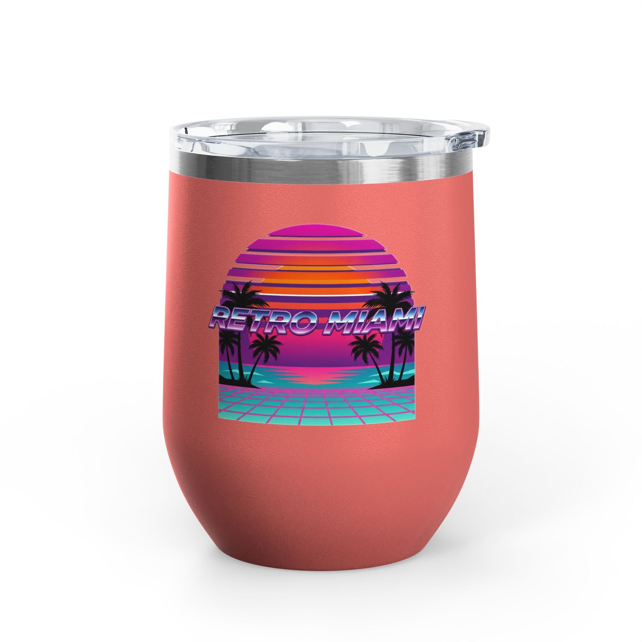 Retro Miami Sunset 12oz Wine Tumbler — 80s Synthwave