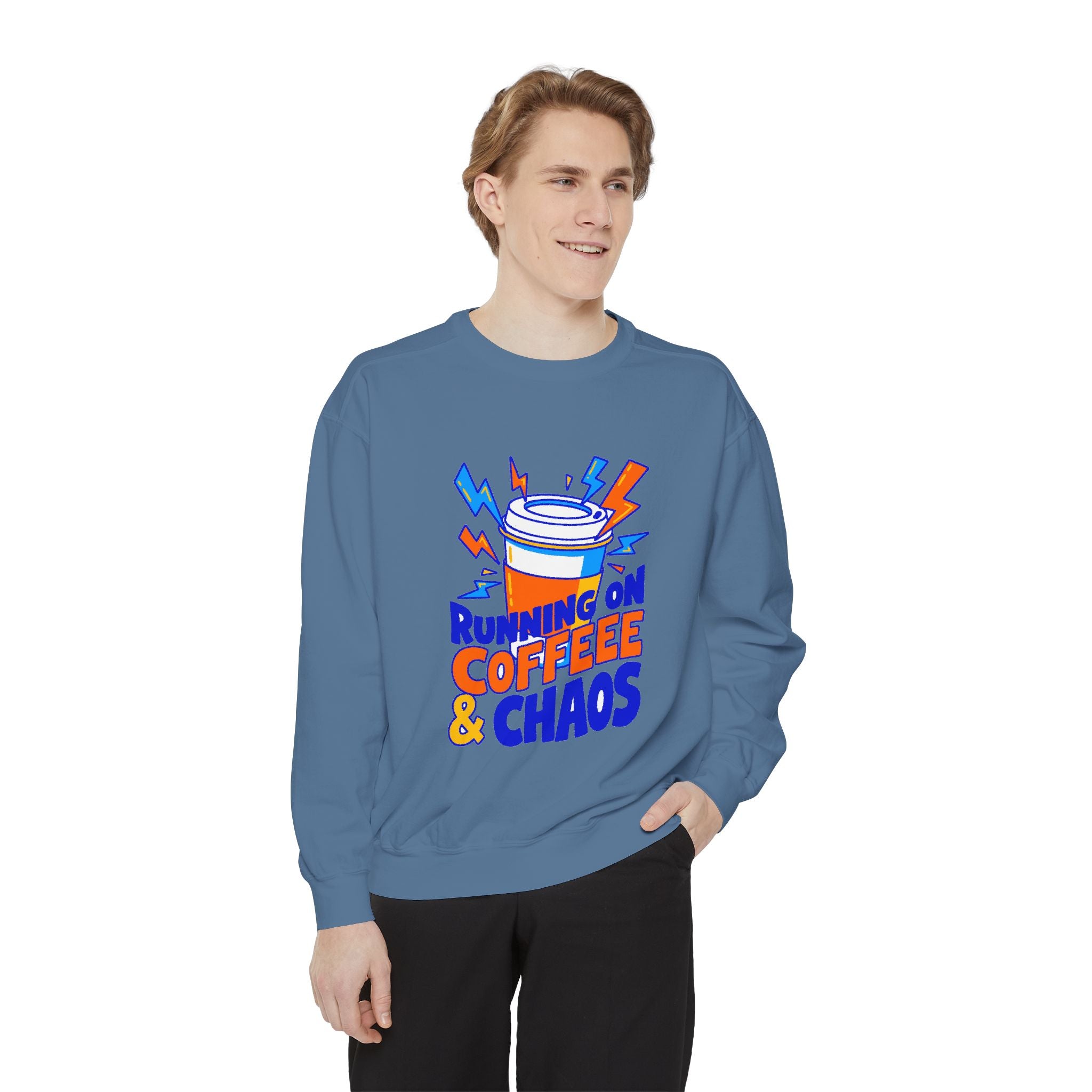 Funny Coffee Sweatshirt | Running on Coffee & Chaos