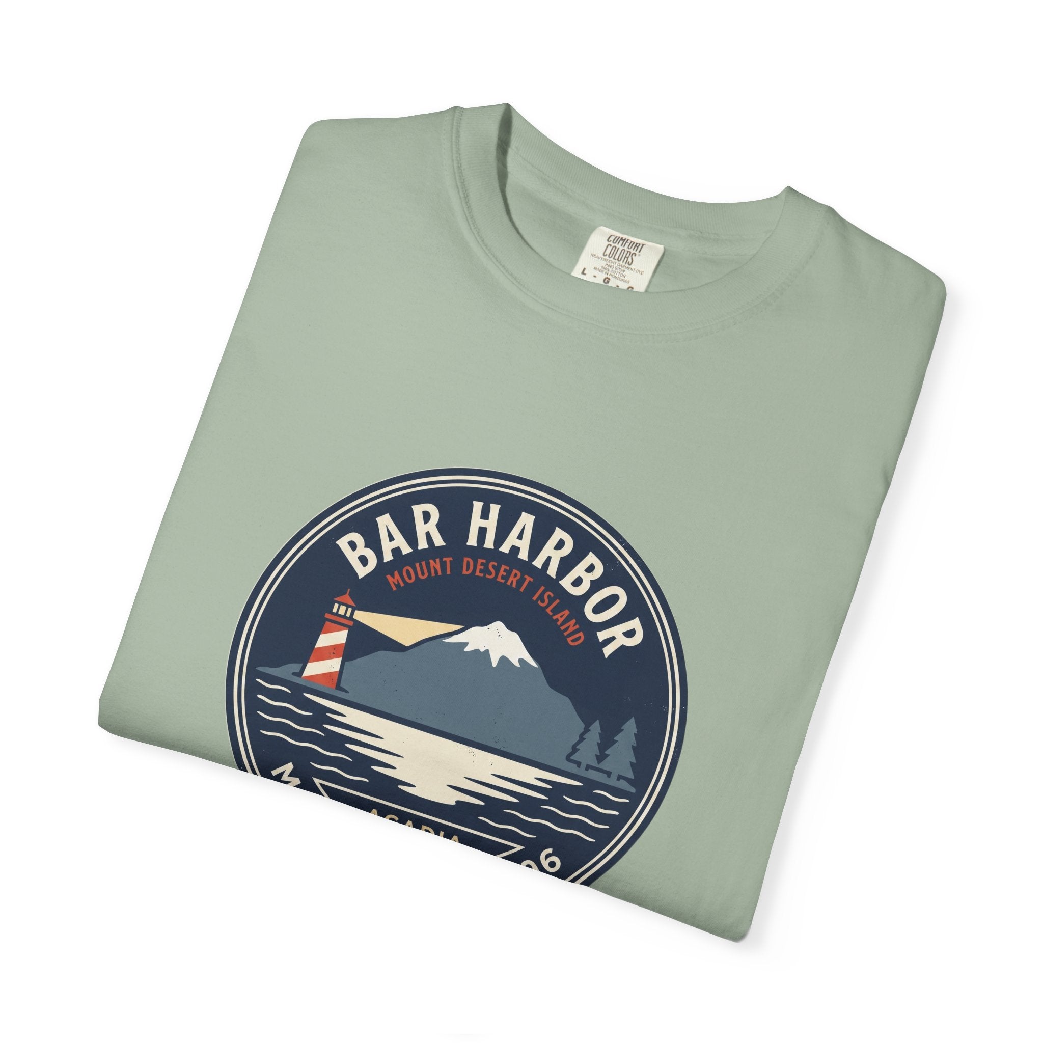 Bar Harbor Maine tee, Acadia vintage badge with lighthouse, Cadillac Mountain and evergreens in a navy roundel, EST. 1796