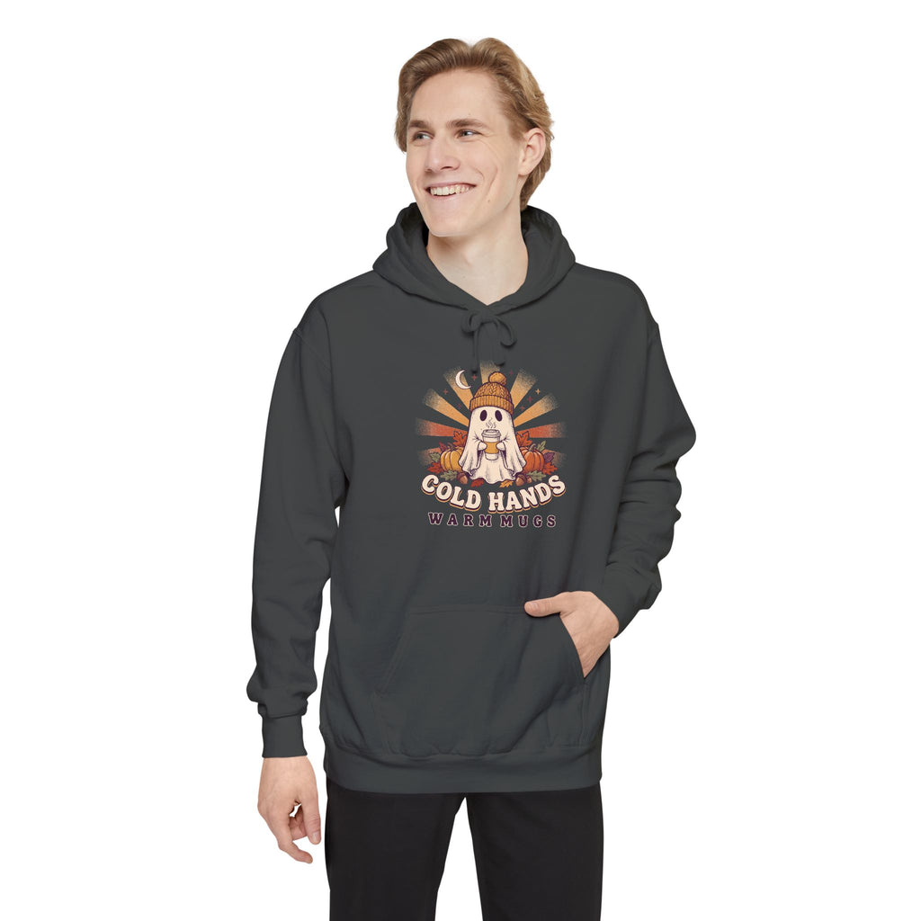 Cozy Ghost Hoodie | Cold Hands Warm Mugs Fall Coffee Art | Comfort Colors Garment Dyed