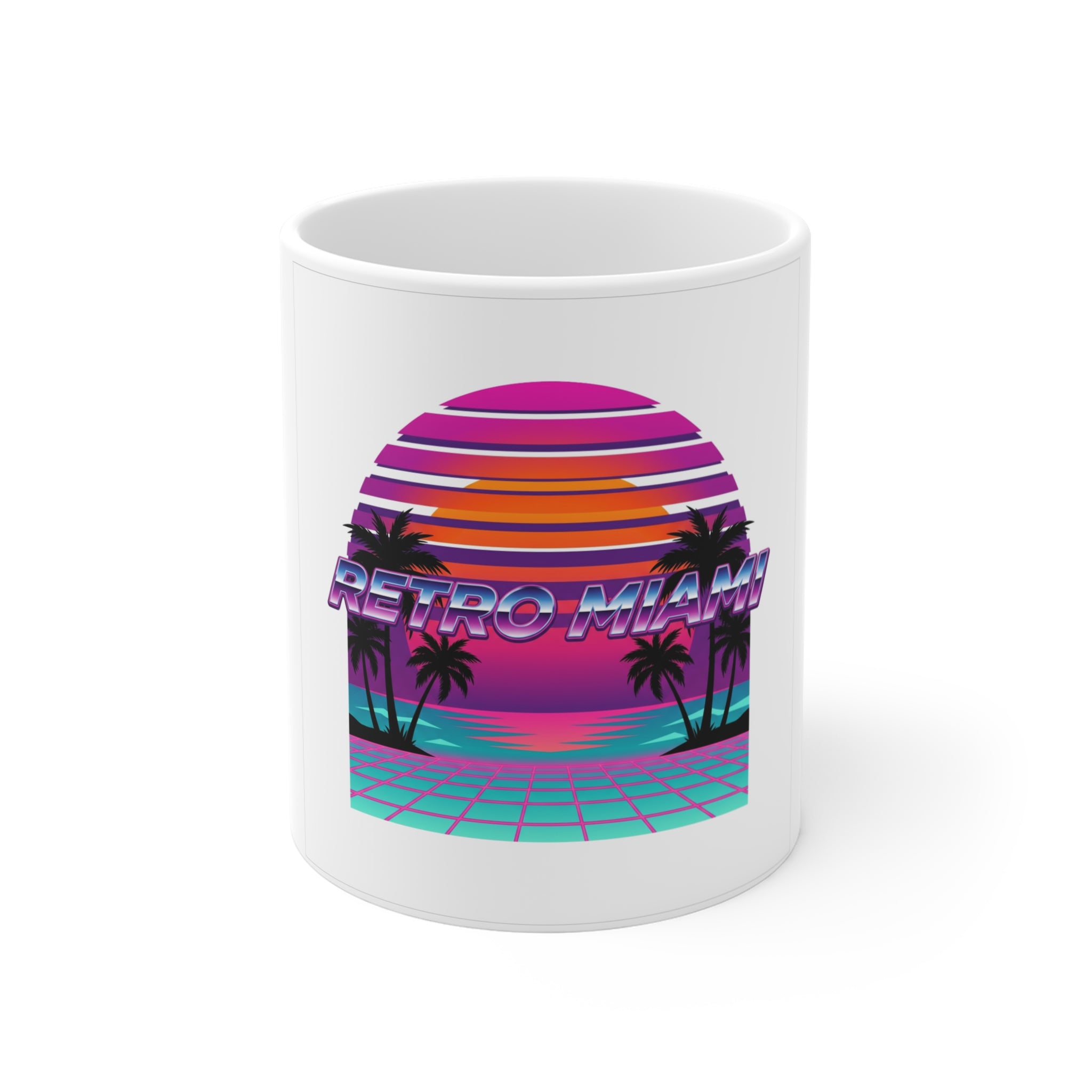 Retro Miami Sunset Mug — 80s Synthwave Ceramic Coffee Mug 11oz