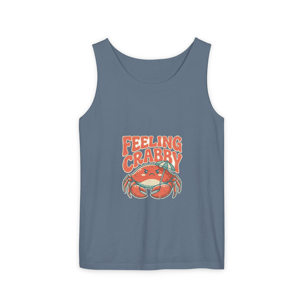Funny Feeling Crabby crab tank top on garment dyed Comfort Colors cotton, vintage beach umbrella design