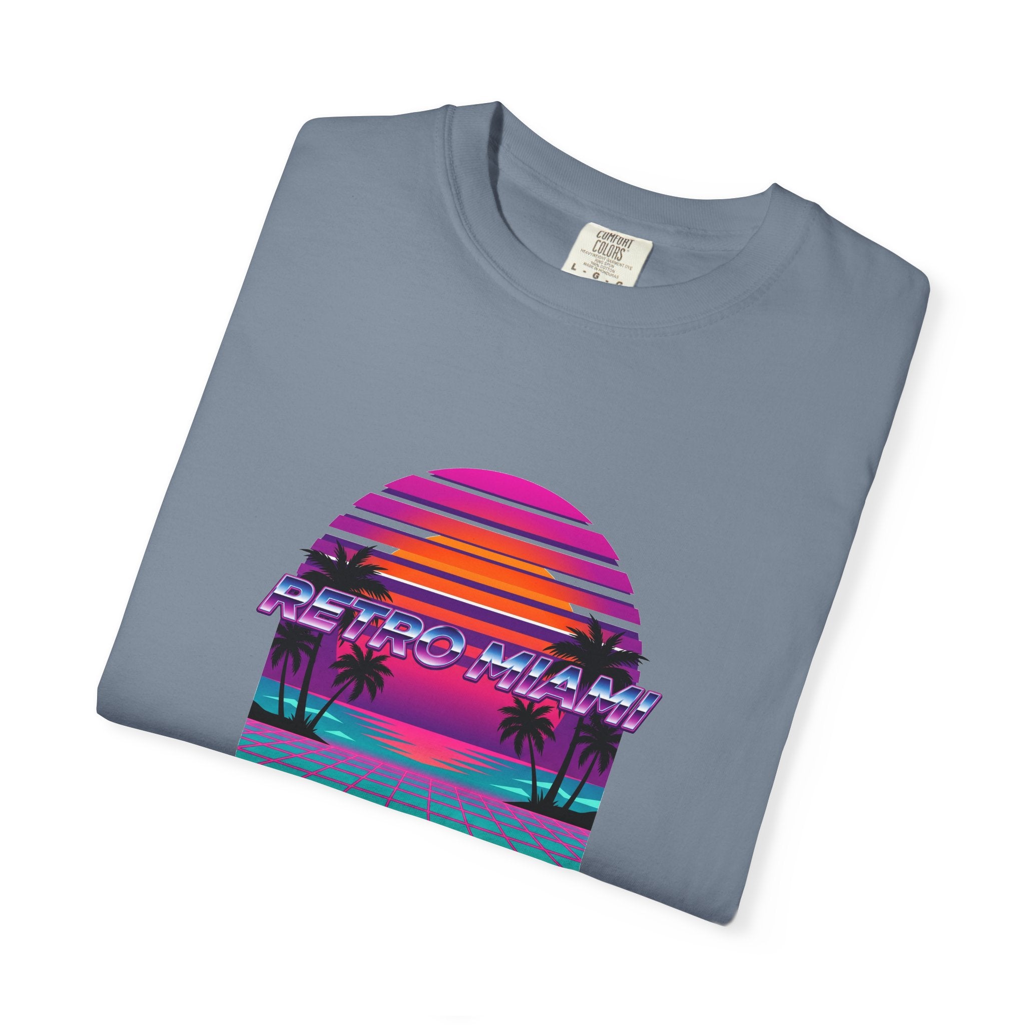 Retro Miami Graphic Tee Ivory — Neon Palm Trees Sunset Comfort Colors
