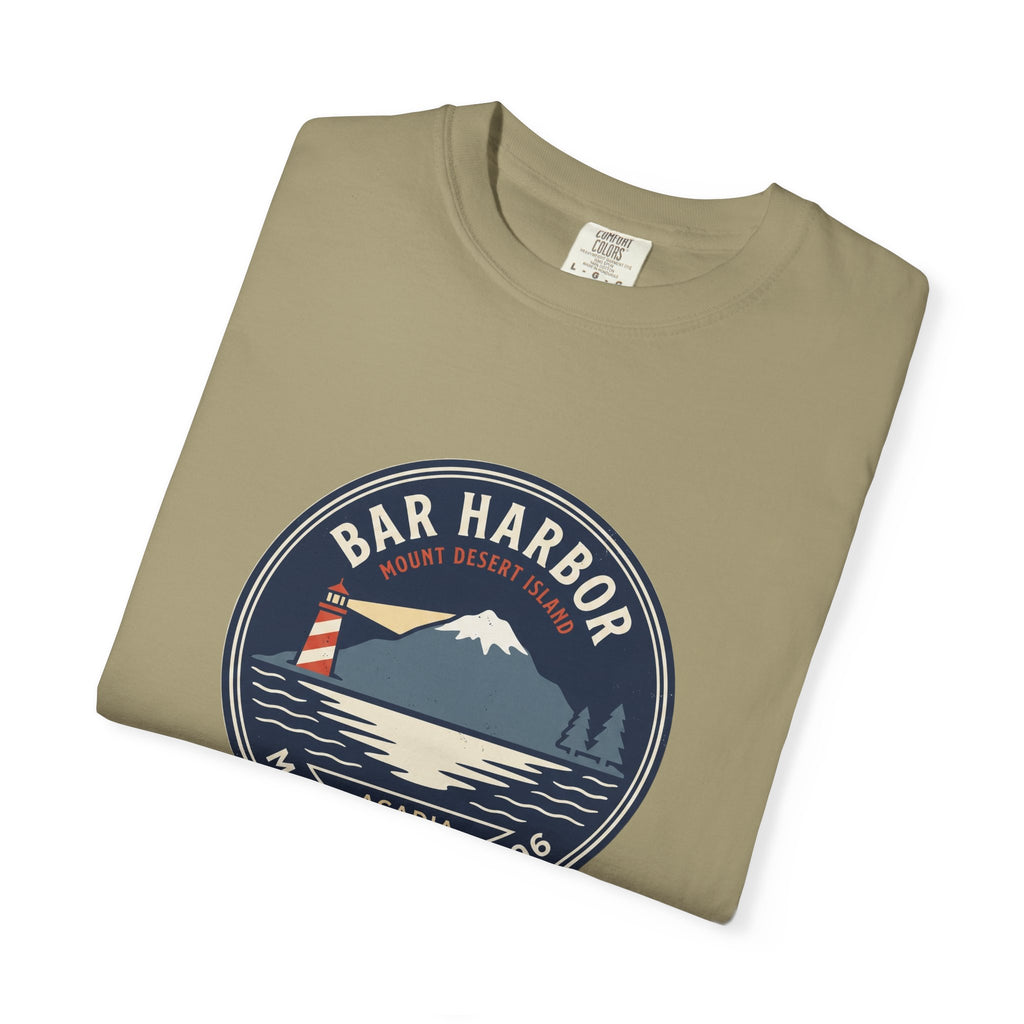 Bar Harbor Maine tee, Acadia vintage badge with lighthouse, Cadillac Mountain and evergreens in a navy roundel, EST. 1796
