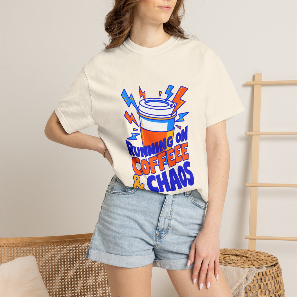 Funny Coffee Tee | Running on Coffee & Chaos