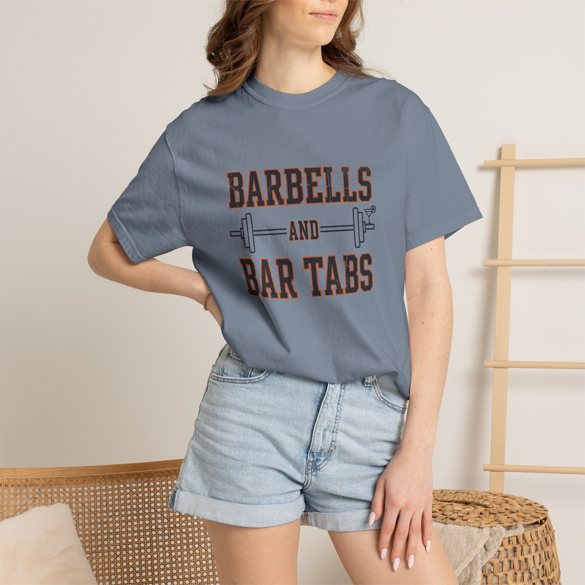 Barbells And Bar Tabs distressed collegiate design with a barbell and a cocktail glass on a garment dyed Comfort Colors tee
