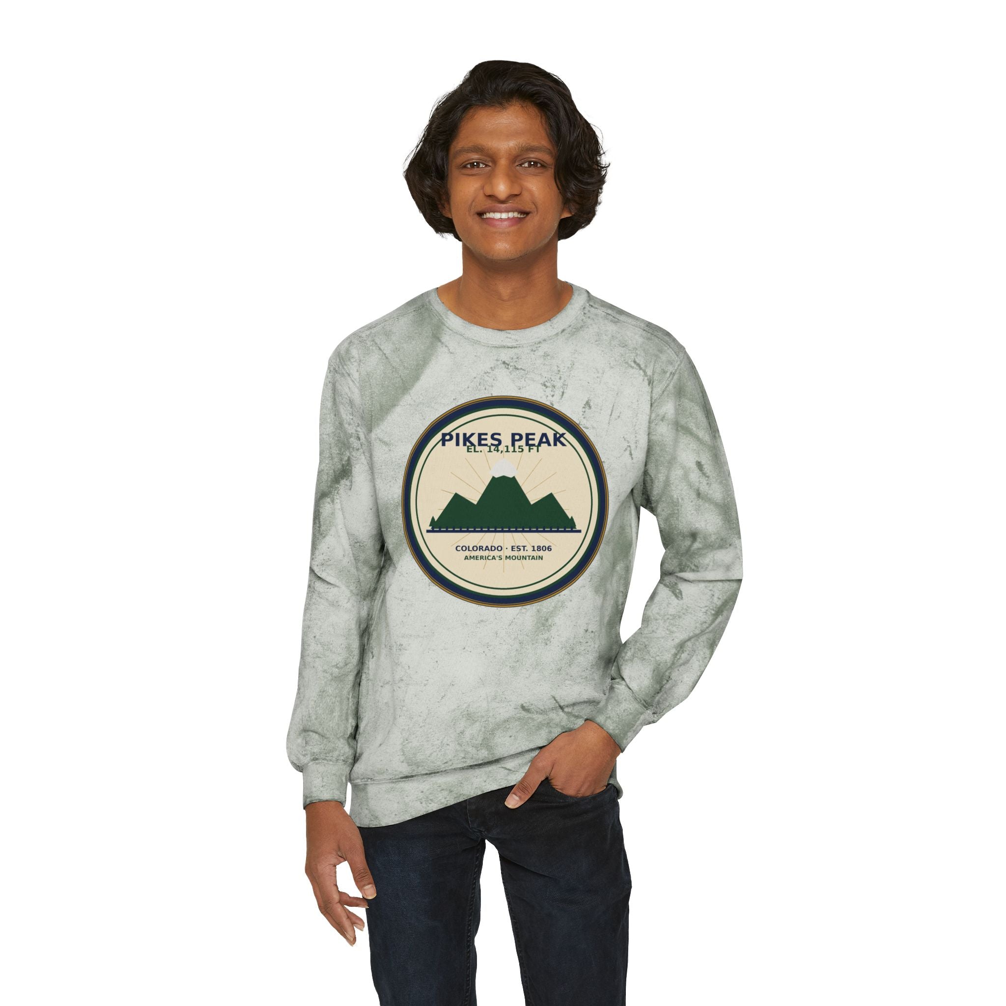 Pikes Peak Crewneck Sweatshirt | Vintage Colorado Mountain Badge