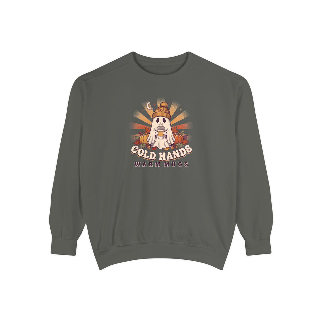 Cozy Ghost Crewneck Sweatshirt | Cold Hands Warm Mugs Fall Coffee Art | Comfort Colors Garment Dyed