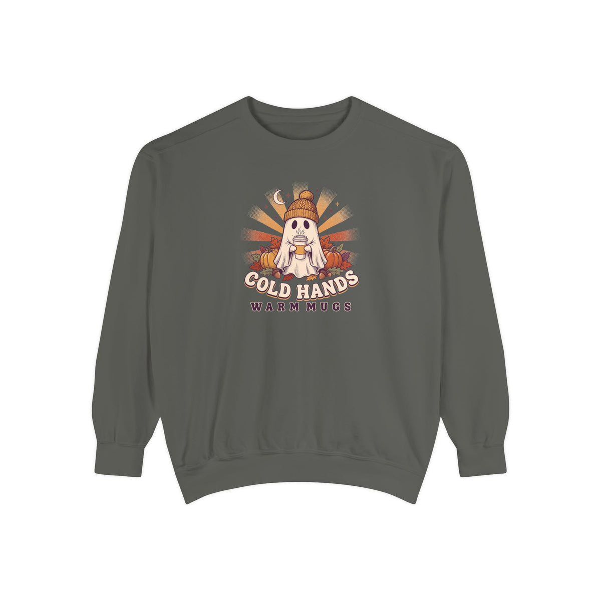Cozy Ghost Crewneck Sweatshirt | Cold Hands Warm Mugs Fall Coffee Art | Comfort Colors Garment Dyed
