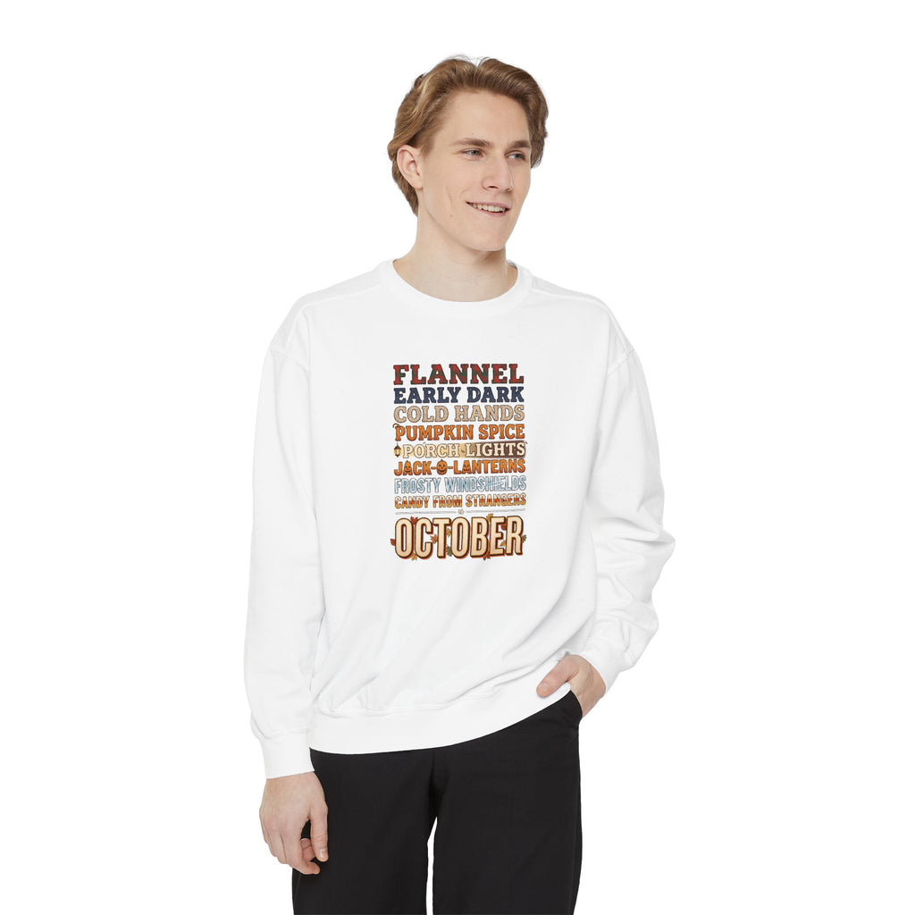 October Crewneck Sweatshirt | Flannel Early Dark Cold Hands Fall List | Comfort Colors Garment Dyed