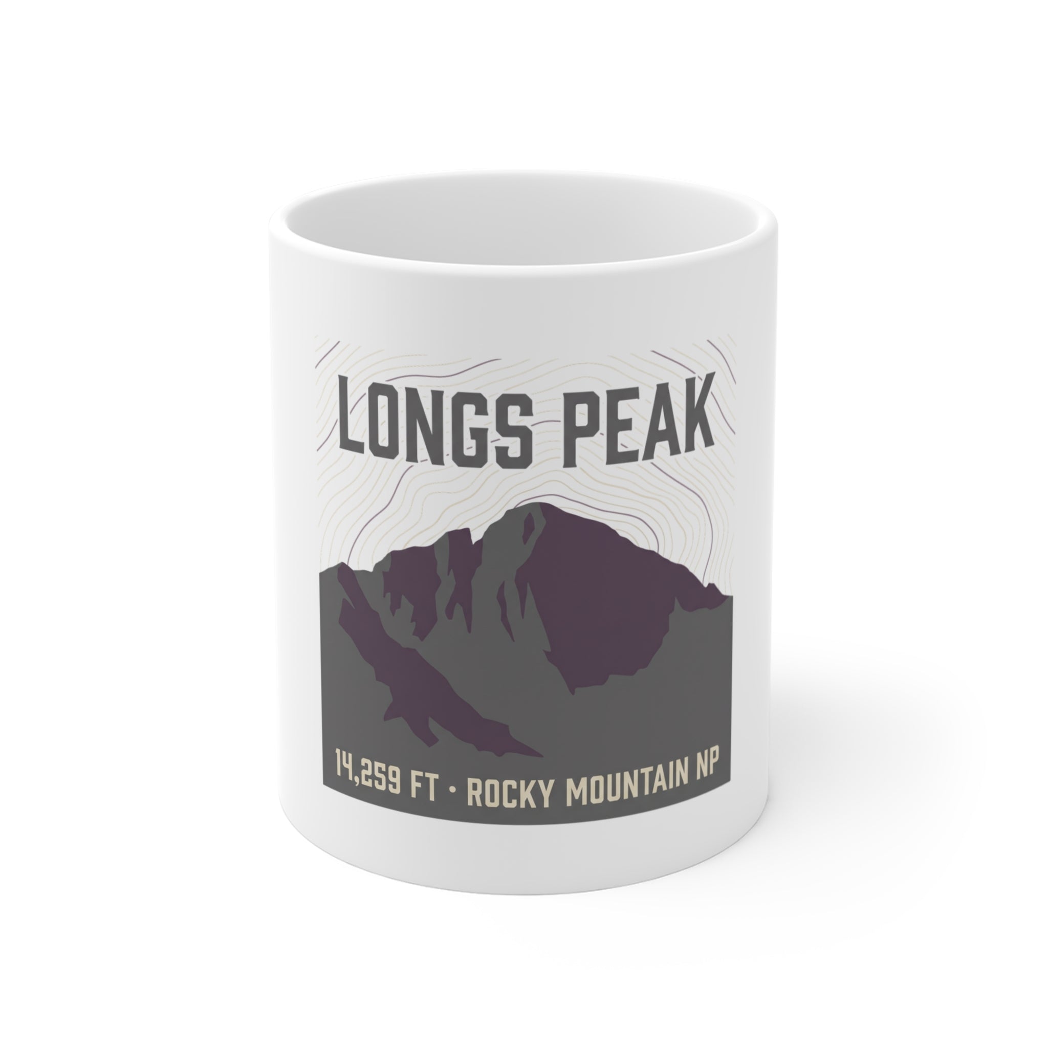 Longs Peak Coffee Mug 11oz — Colorado 14er vintage badge mug front view