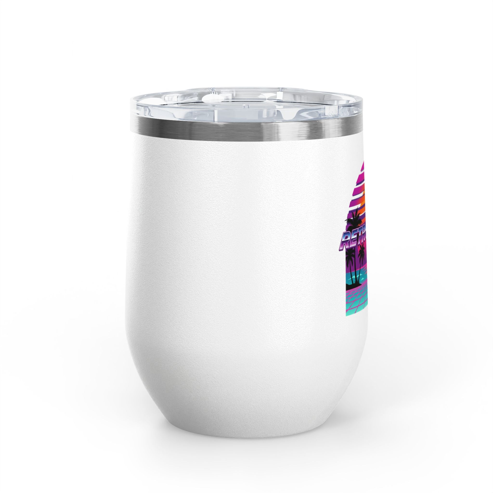 Retro Miami Sunset 12oz Tumbler — 80s Synthwave Insulated Travel Mug