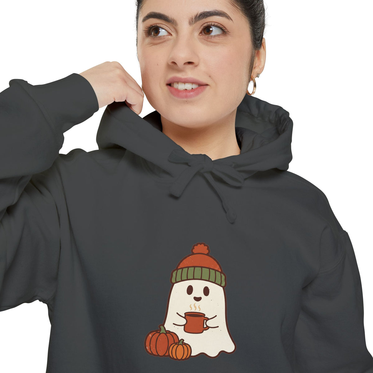 Retro Ghost Hoodie | Ghost in a Knitted Beanie Cocoa Art | Comfort Colors Garment Dyed